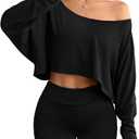Hilinker Womens Off Shoulder Long Sleeve Crop Tops Sexy Boat Neck Loose Casual T Shirt (Black)