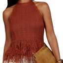SweatyRocks Women's Boho Fringe Halter Tops Sleeveless Open Back Summer Knit Crochet Tank Top (Brown, M)