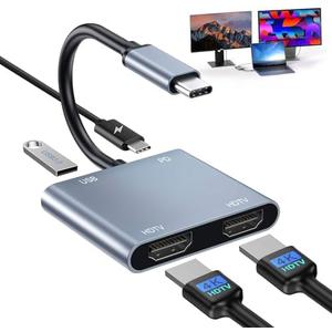 Denlane USB C to Dual HDMI Adapter 4K@60Hz, Type C Hdmi Splitter for Dual Monitors with USB 3.0, 100W Fast Charging, USB Hub with 2-HDMI Extended Display for MacBook, USB-C Laptop for Dell for Lenovo