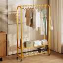 Sturdy Heavy Duty Clothes Rack With Wheels,Modern Clothing Rack With Shelves & hooks, Garment Racks for Hanging Clothes,Closet Rack for Bedroom,49.21in Wide,Clothes Storage and Display (gold)
