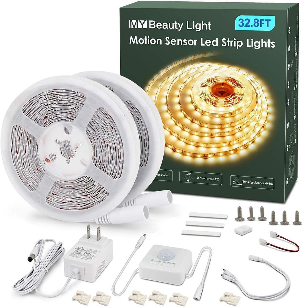 MY BEAUTY LIGHT Motion Activated LED Strip Lights, 32.8ft LED Light Strip with Day or Night 2 Lighting Modes,3 Timing Off Modes, Warm White 12v Plug-in LED Rope Lights for Under Cabinet, Kitchen, Stair