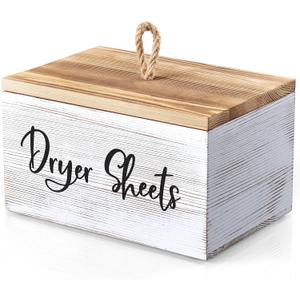 Dryer Sheet Holder, White Washed Wood Laundry Sheets Container, Laundry Room Organization and Storage for Farmhouse Laundry Room Decor and Accessories, Fabric Sheet Holder