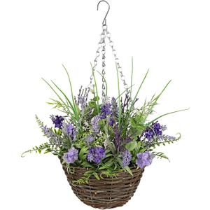 Briful Artificial Hanging Basket Indoor Realistic Lavender Hanging Flowers Fake Hanging Basket in 8.6'' Basket for Home Farmhouse Outdoor Patio Decor (Purple)