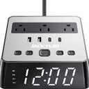 Alarm Clock with USB Charger JACKYLED Power Strip Total 4.8A USB Ports LED Full Screen Surge Protector 6.5ft Cord 4 Dimmer for Heavy Sleepers Compatible with Phone Tablet Computer Black Silver