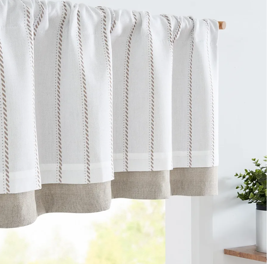 jinchan Nautical Valance Striped Linen Curtain 18 Inch Farmhouse Room Darkening Kitchen Valance for Living Room Window Double Layer Blackout Window Pinstripe 1 Panel Taupe on White