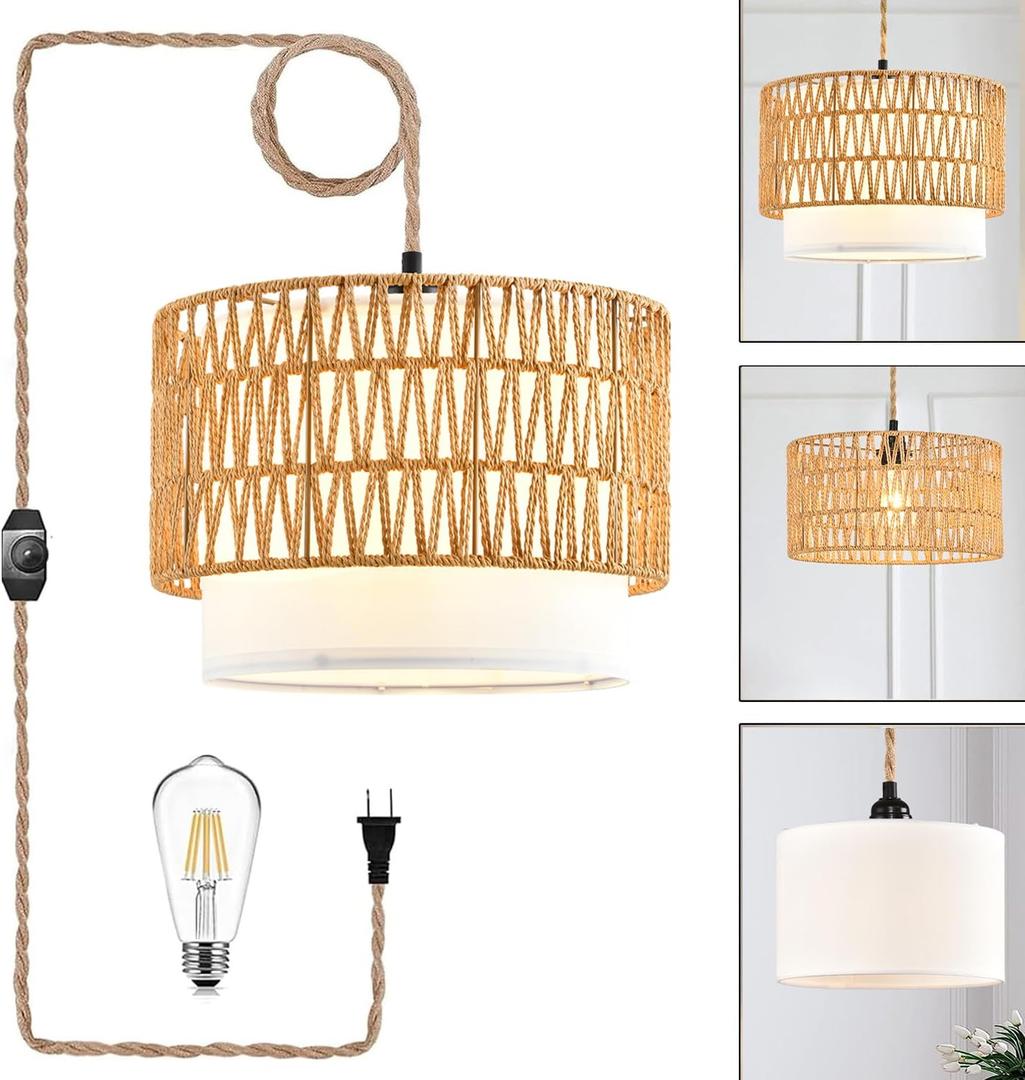 Boho Plug in Pendant Light Rattan Hanging Lights with Plug in Cord,Indoor Hanging Lamp with Dimmer Switch,Wicker Bamboo Woven LampShade Hanging Lamp Plug in for Bedroom Living Room Kitchen Island (12, two layers-shape)
