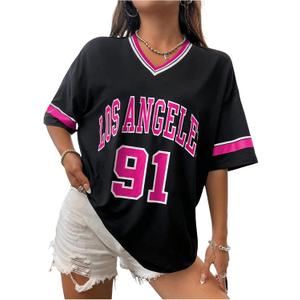SOLY HUX Women's Oversized Jersey Shirts V Neck Graphic Tees Summer Baggy Blokecore T-Shirt Tops
