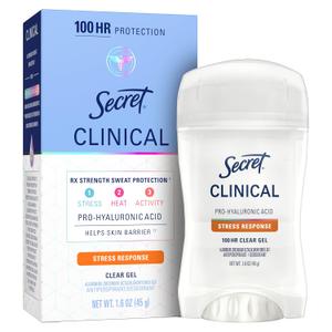 Secret Clinical Strength 100HR Sweat & Odor, Stress Response Clear Gel Antiperspirant Deodorant for Women, 3X Stress Protection with Pro-Hyaluronic Acid, PH Balancing Minerals, 1.6 oz