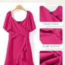 Dokotoo Women's Wrap V Neck Short Flared Sleeve Wedding Guest Dress Smocked Elastic Waist Tiered Belted Ruffle Hem Mini Dress (Pink, M)