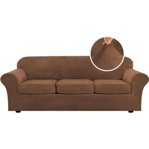 H.VERSAILTEX Velvet 4 Piece High Stretch Sofa Slipcover Cover Furniture Protector Form Fit Luxury Thick Velvet Extra Large Sofa Cover for 3 Cushion Couch Width Up to 97 Inch (XL Sofa, Caramel)