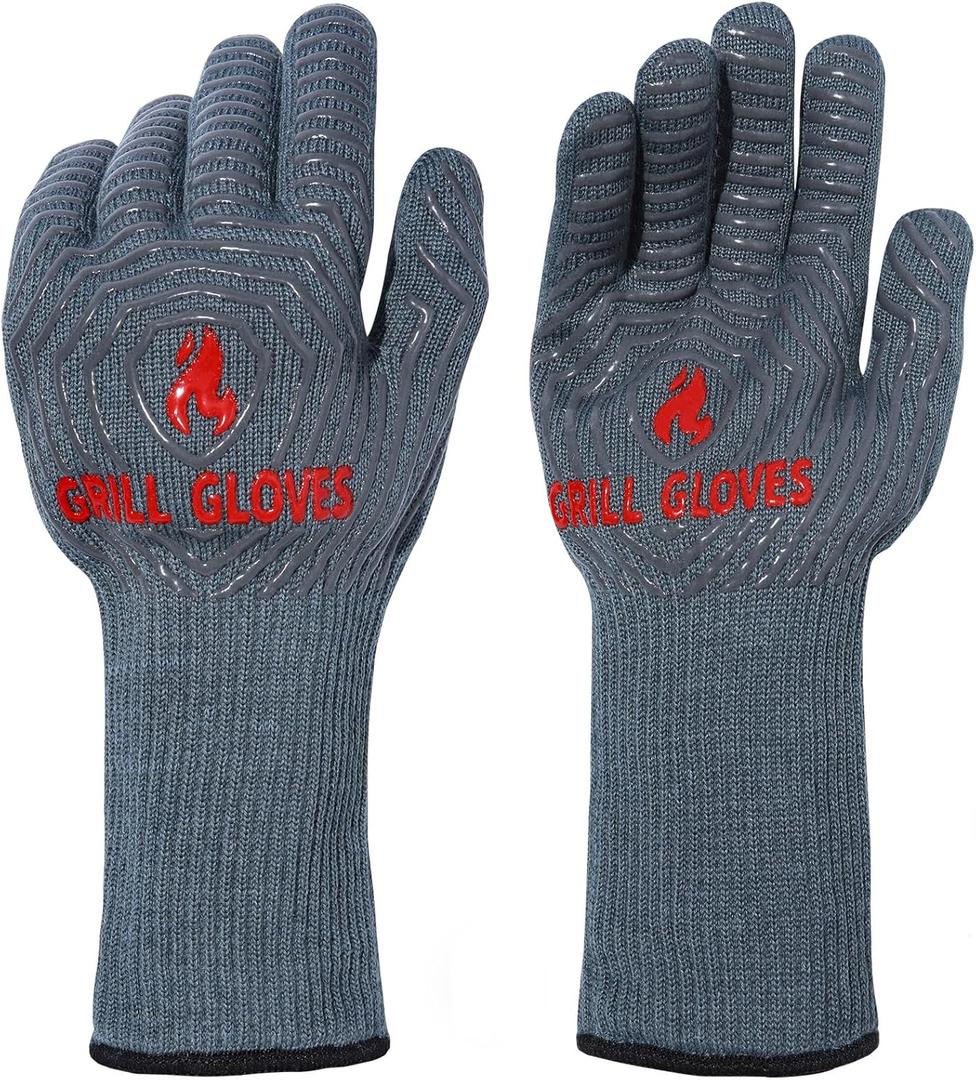QUWIN BBQ Gloves, Oven Gloves 1472 Extreme Heat Resistant, Grilling Gloves Silicone Non-Slip Oven Mitts, Kitchen Gloves for BBQ, Grilling, Cooking, Baking-1 Pair (Grey, One Size(Long Cuff)) (Gray)