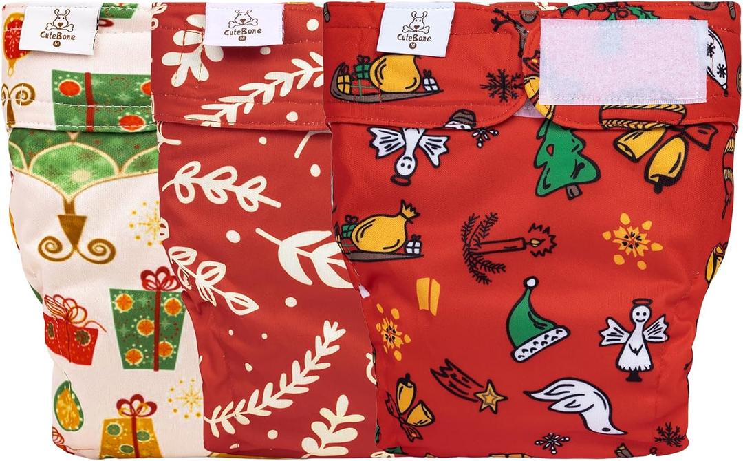 CuteBone Washable Christmas Dog Diapers Female No Tail Hole 3 Pack Reusable Doggie Period Training Pants for Docked-Tail Frenchie French Bulldog Boston Terrier Without Tail WWD12L
