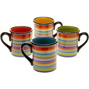 Sunrise Mugs Set of 4, 15 oz Colorful Ceramic Coffee, Tea, Cocoa & Cider Cups with Black Handles, Assorted Fiesta Stripe Designs, Microwave & Dishwasher Safe Drinkware