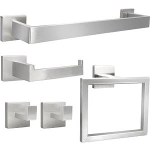 5pcs Bathroom Hardware Set, 16in Towel Bar Set, Including Square Towel Bar Square Towel Ring Toilet Paper Holder Towel Hooks, Set SUS304 Stainless Steel, Wall Mounted (Brushed Nickel)