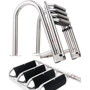 4-Step Heavy-Duty Stainless Steel Pontoon Boat Ladder with Extra Wide Steps & Handrails | Telescoping Folding Rear Entry Ladder, 600lbs Capacity, Marine-Grade 316 Stainless Steel