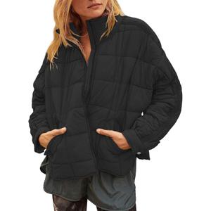 Muchpow Women's Lightweight Down Coat Long Sleeve Full Zipper Oversized Packable Short Puffer Jackets (Medium, Black)