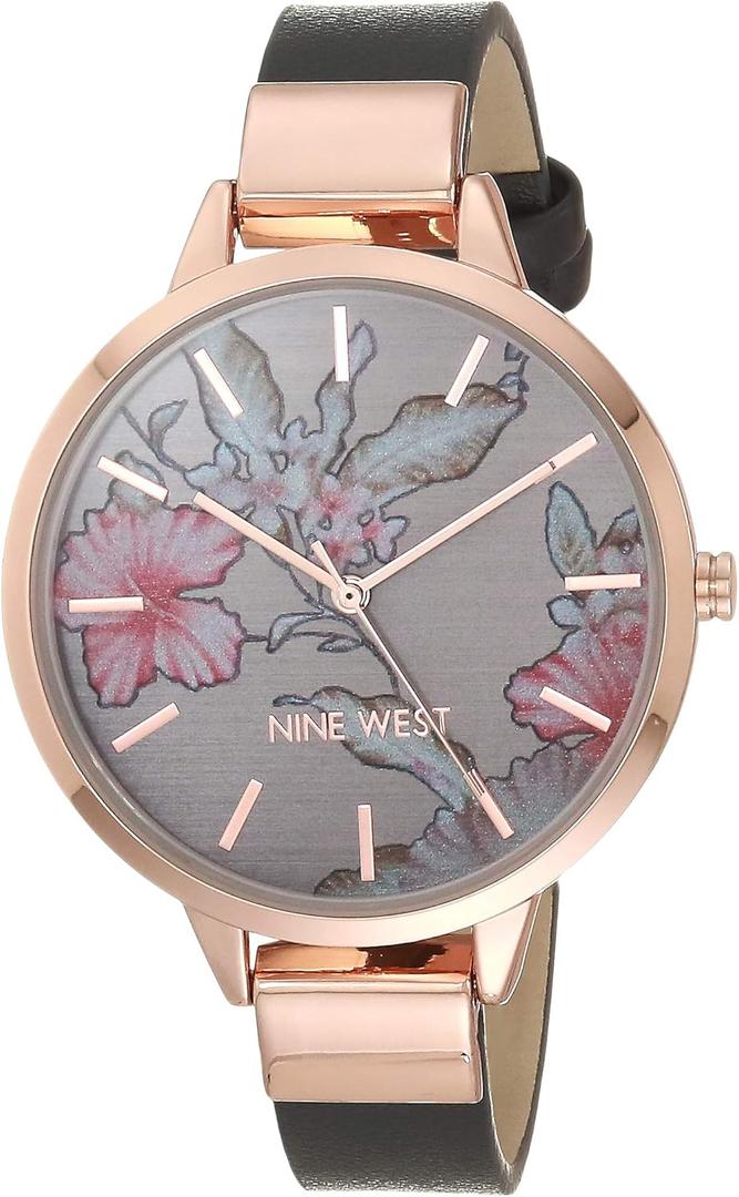 Nine West Women's Floral Dial Smooth Strap Watch (Grey/Rose Gold)