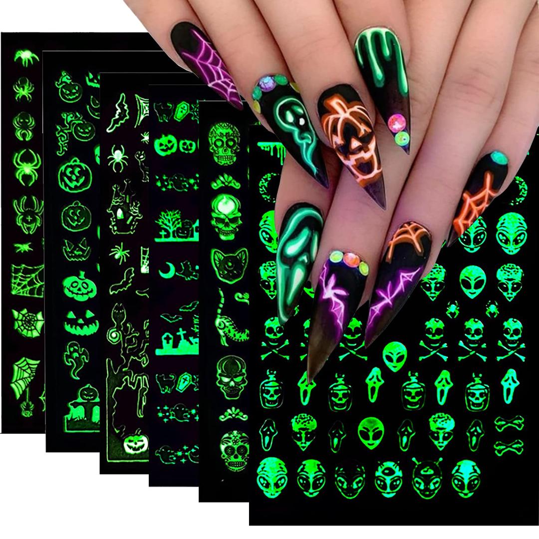2 x Halloween Nail Art Stickers Decals Fall Scary Ghost Skull Nail Decoration 3D Self-Adhesive Glow in The Dark The Day of Dead Acrylic Nail Supplies for Women Girls（6Pcs）