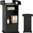 Podium Stand with Metal Wheels Wooden Lectern Podium Stand Portable Pulpit Standing with Storage Mobile Reception Podiums Desk for Church Office School Conference Restaurant Meeting, Black