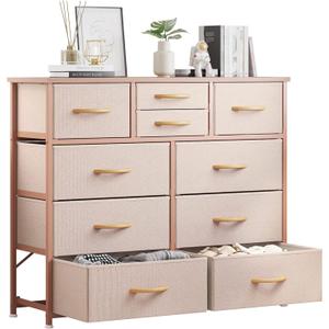 LUMTOK 10-Drawer Dresser, Fabric Storage Dressers Drawers for Bedroom, Hallway, Nursery, Closets, Steel Frame, Wood Top, Easy Pull Handle (Rose Gold), 11.8"D x 39.4"W x 39"H