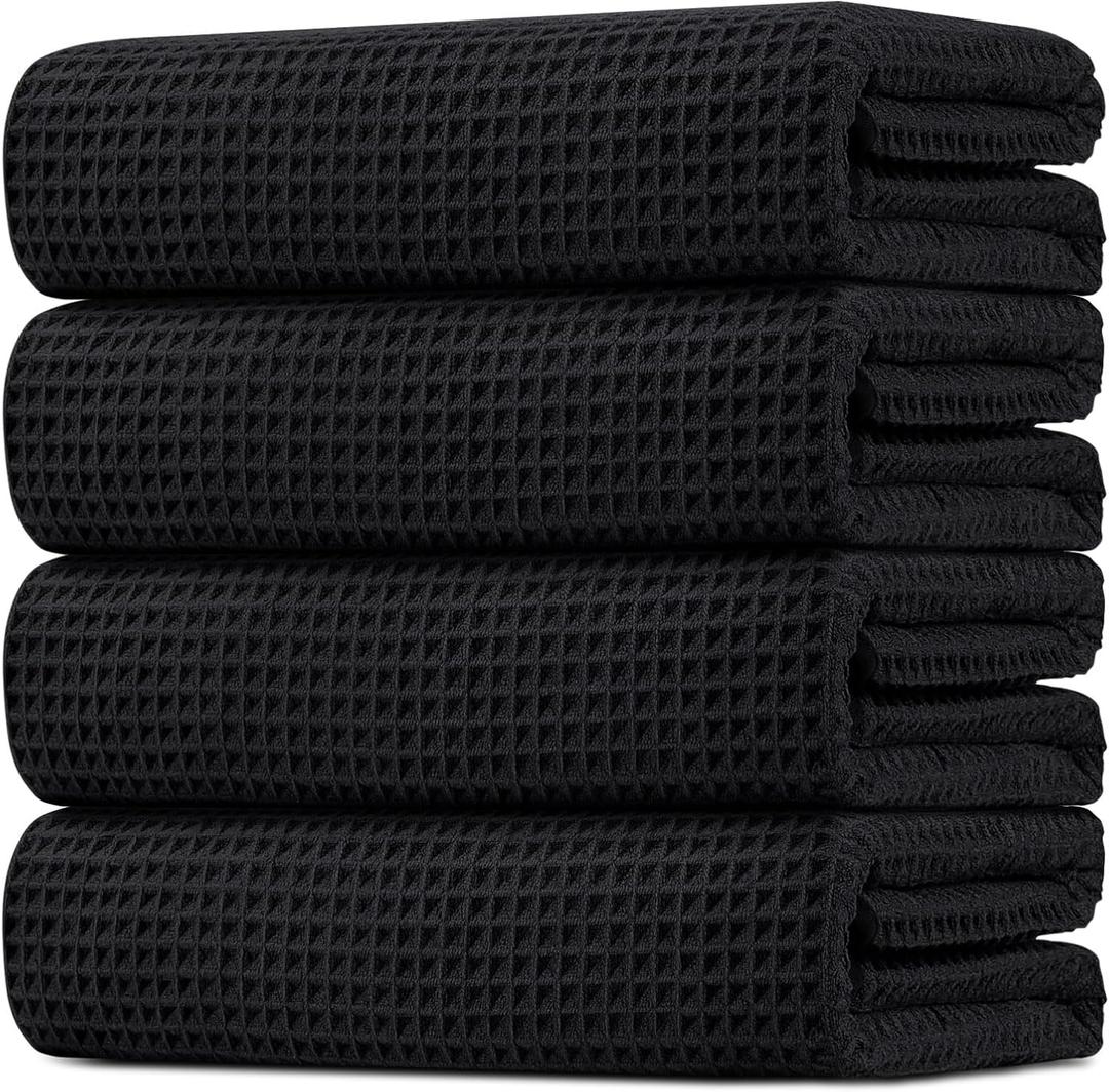 HOMEXCEL Waffle Bath Towels Set 4 Pack, Premium Microfiber Bathroom Towels, Lightweight, Highly Absorbent and Quick Dry Towel for Bathroom, Gym, Shower, Hotel, and Spa, 30 x 60 Inch, Black