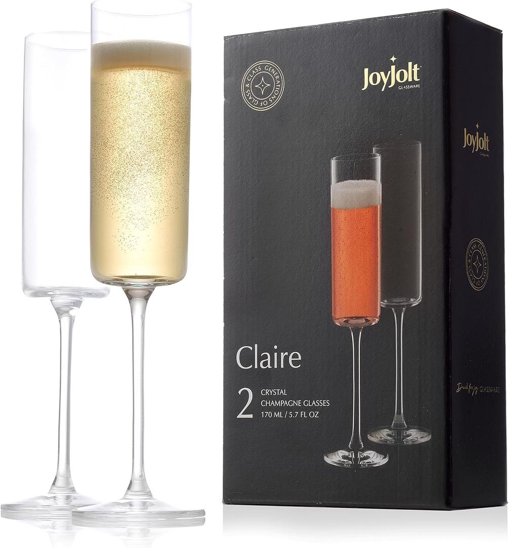 JoyJolt Champagne Flutes, Claire Collection Crystal Champagne Glasses Set of 2, 5.7 Ounce Capacity, Exquisite Craftsmanship, Ideal for Home Bar, Special Occasions  Made in Europe