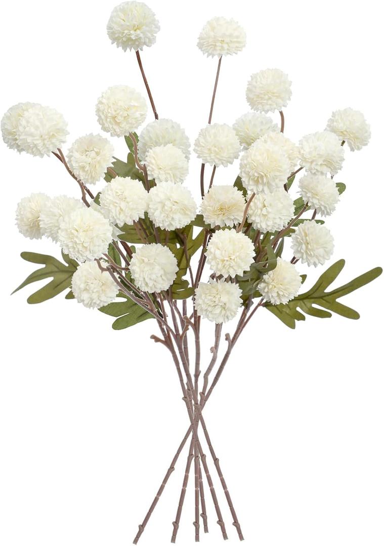 Pompon Mum Artificial Flowers, 6pcs Faux Silk Long Stem Flowers Bulk Fake Mini Chrysanthemums for DIY Bouquet Centerpieces Wedding Fillers Arrangements Shower Home Decorations (Ivory)