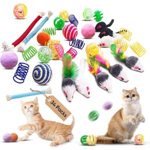 Cat Toys for Indoor Cats, 34 Packs Interactive Cat Toy Set with Colorful Springs Toys, Mouse Toy, Catnip Ropes, Balls, Bells, and Sisal Ball for Kittens