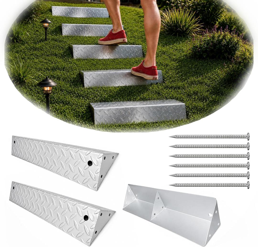 Outdoor Stair Kit, 3 Zinc-Coated Garden Steps with 6 Stakes