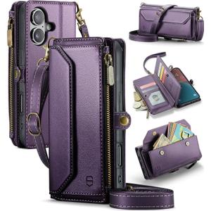 Wallet Case Compatible with iPhone 16 6.1" RFID Blocking 7-Card Holder Soft PU Leather Magnetic Snap Shoulder Strap Zipper Pocket Phone Case Fit for iPhone 16 for Women - Purple