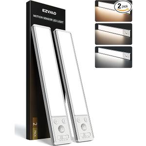 EZVALO 10inch Under Cabinet Lighting, Rechargeable Motion Sensor Light Indoor with 3 Color Temperatures, Dimmable & Magnetic Closet Lights, Wireless Under Counter Lights for Kitchen, Stairs (2 Pack)
