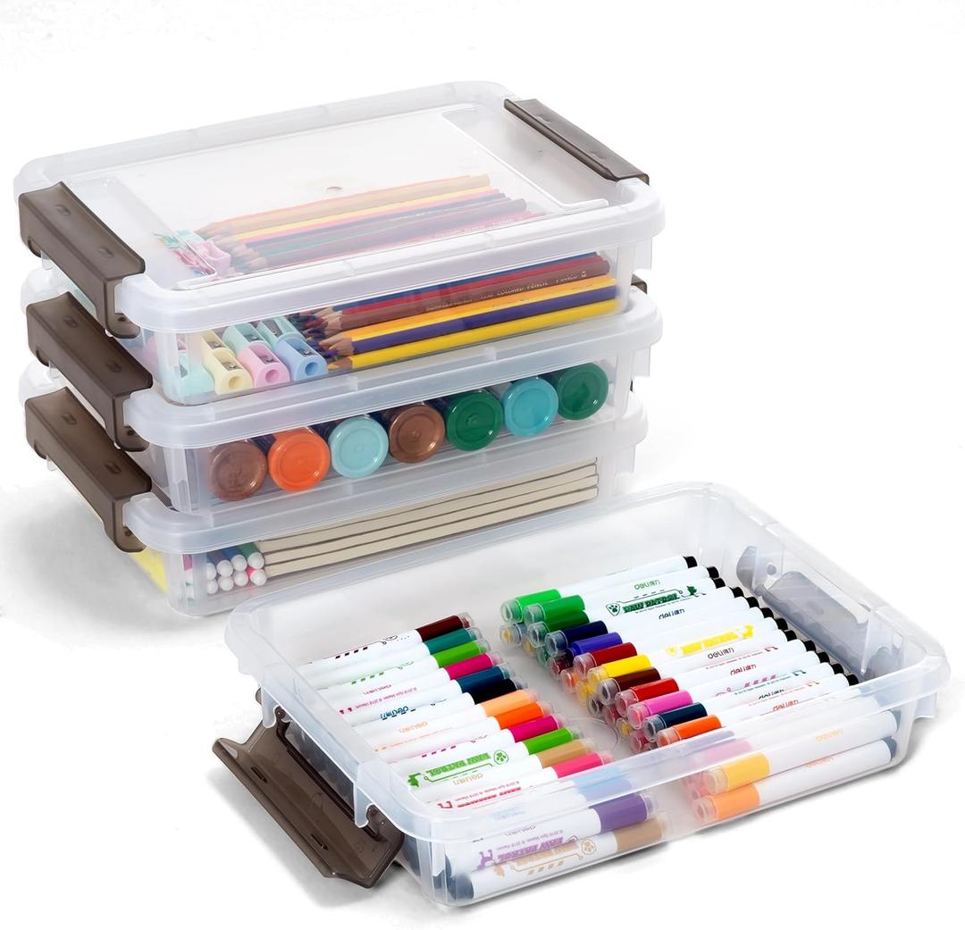 Citylife 4 Packs Portable Project Case, Clear File Box with Snap Lid, Stackable Plastic Organizers for Craft Projects (4 PCS- 12.6" x 9.06" x 2.87", White)