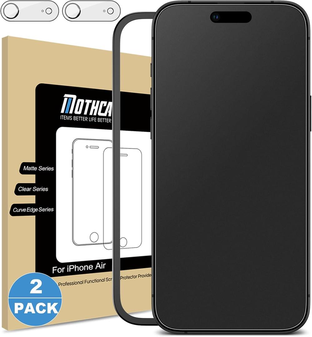 Mothca 2 Pack Matte Glass Screen Protector for iPhone Air / 17 Air [6.5 inch] + 2 Pack Camera Lens Protector, Anti-Glare & Anti-Fingerprint Case Friendly Tempered Glass, Bubble Free, Smooth as Silk