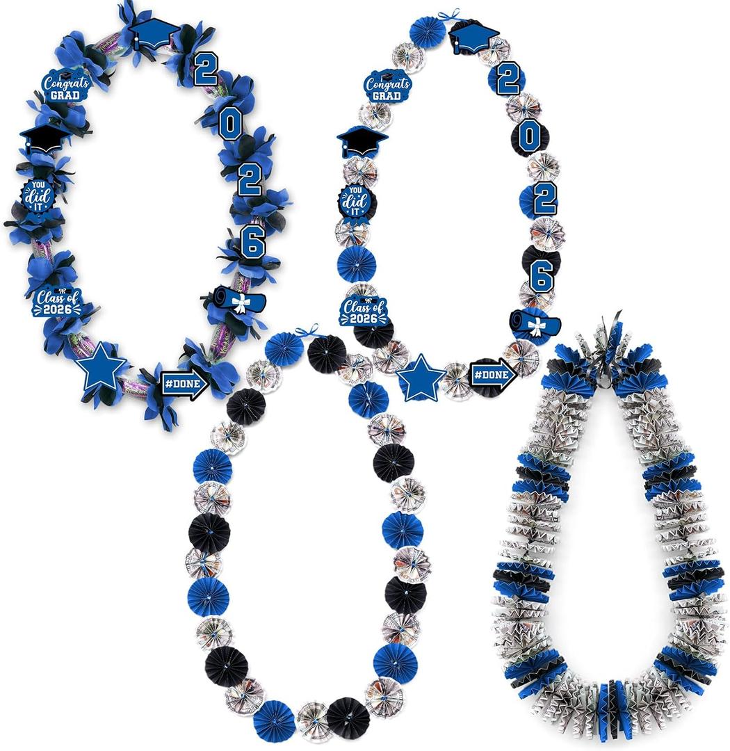 Levfla Graduation Money Lei, Class of 2026 Candy Lei Kit with DIY Flower Sticker Pieces, Congrats Senior High School College Grad Party Supplies Blue & Black Set of 6 No Money Included