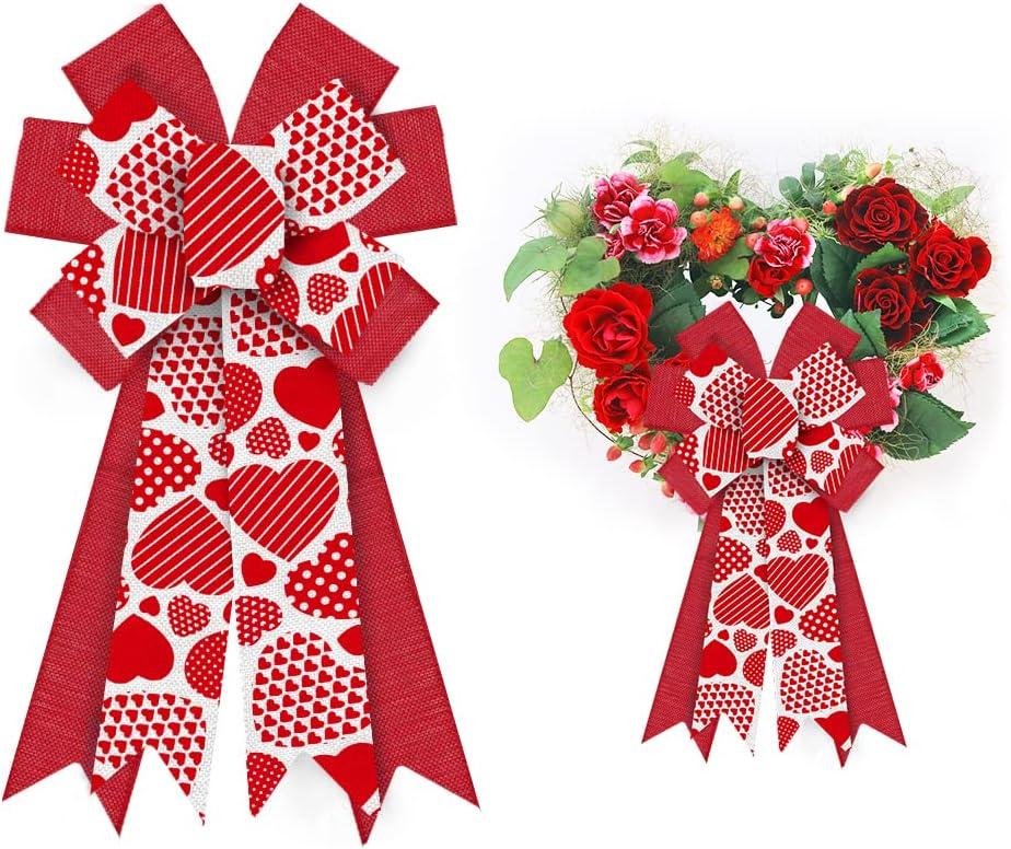 ALIBBON Large Valentine's Day Bows for Wreaths, Valentines Wreath Bows, Red Heart Bows, Stripe Heart Red Bows for Front Door, Valentines Decor, Burlap Bows for Crafts Decorations