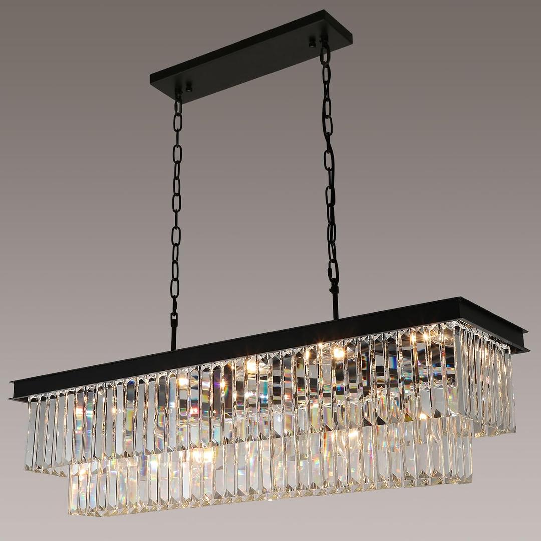 Crystal Chandeliers for Dining Room Light Fixtures Over Table15-Lights Black Modern Rectangle Chandeliers for Kitchen Island Bar L40 Inch