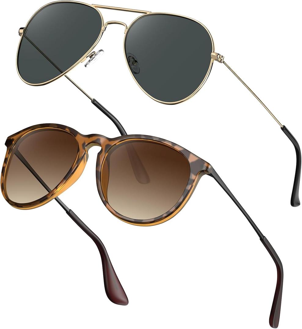 STGATN 2 Packs Round & Aviator Polarized Sunglasses for Women Men UV400 Protection (E. Round Matte Tortoise/Gradient Brown + Aviator Gold/Grey)
