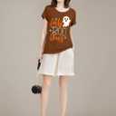 Halloween Shirts Women Boo Leopard Ghost T-Shirt Halloween Spooky Season Tee Tops (Brown, XL)