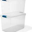 HOMZ 2-Pack Latching Lid, Clear Plastic Storage Organizer Bins, 112 Quart, Blue Latch - Stackable Organizing Containers for Home, Garage, and Office