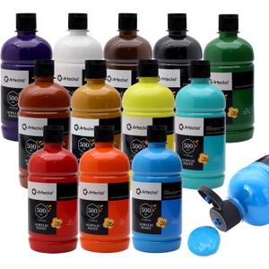 Artecho 12 Colors Large Bulk Acrylic Paint Set (500ml/17oz) Bottles, Craft Paint for Canvas, Rocks, Wood, Fabric, Ceramic, Non-Toxic