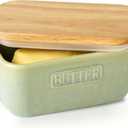 HVH Ceramic Butter Dish with Lid for Countertop, Airtight Butter Keeper with Turquoise Wooden Lid (6 x 3.5 x 2.7)