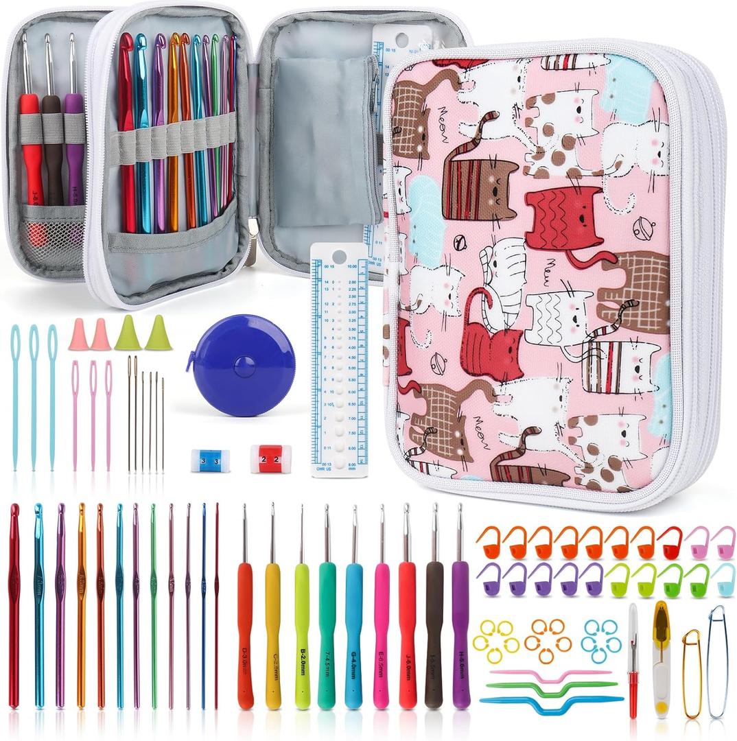 Katech Crochet Hooks Kit with Case, 85-Piece Crochet Hooks Set, Ergonomic Crochet Hook Crochet Needles Weave Yarn Kits DIY Hand Knitting Art Tools for Beginners and Experienced Lovers (Cats Pattern)