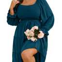 RWJ Womens Plus Size Fall Dress Long Sleeve Smocked Square Neck A-Line Wedding Guest Party Mini Dresses with Belt Blue L (Blue, L)