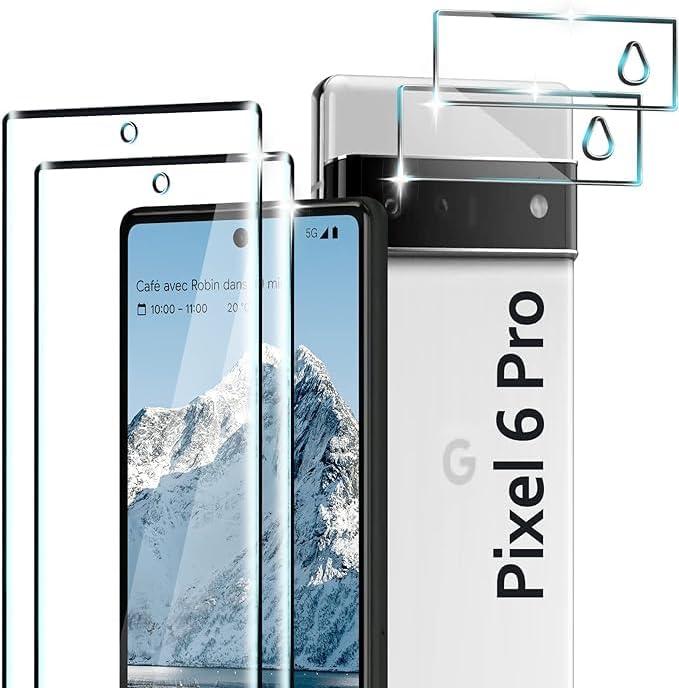 2+2 Pack Pixel 6 Pro Screen Protector with Camera Lens Protector, 9H Tempered Glass, 3D Curved Full Coverage, HD Clear for Google Pixel 6 Pro 5G Glass Screen Protector