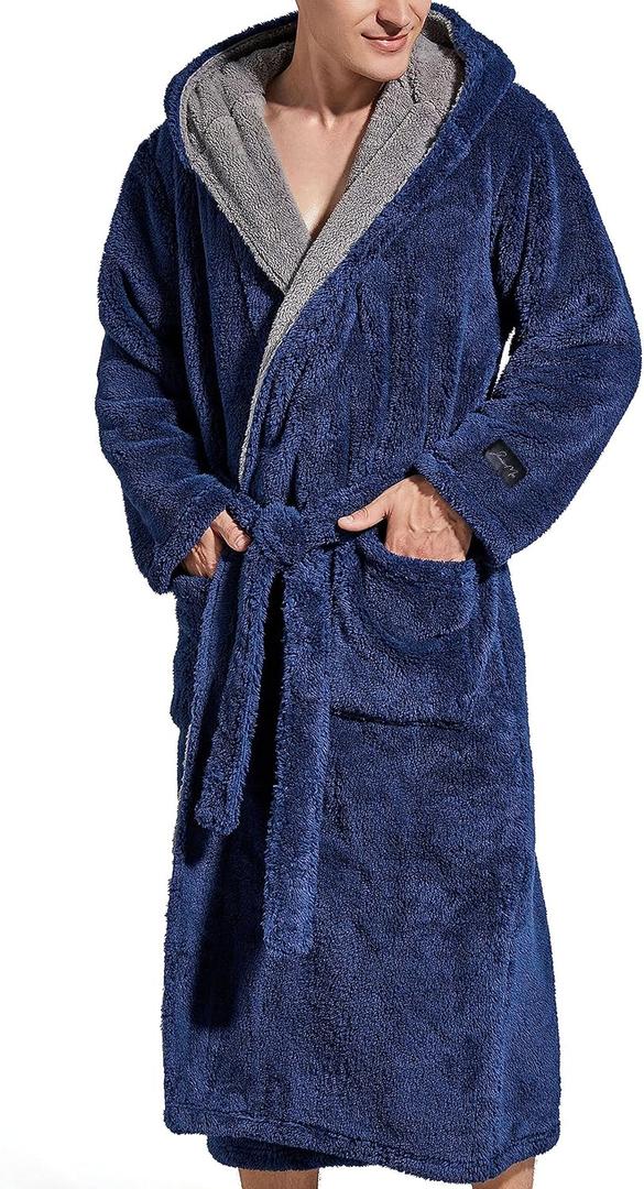 SlumberMee Mens Fleece Plush Robe with Hood Ultra Soft Fluffy Full Length Long with Pockets Luxurious House Coat (Shu Velveteen - Navy Blue) XL