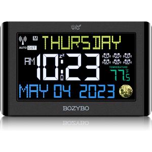 Digital Clock with 6 Alarm Clocks: Atomic Clock with Indoor Temperature Self Time Correction Clock with Day and Date for Elderly Adjustable Brightness Wall Clock or Desk Clock for Bedroom (Plug in Black)