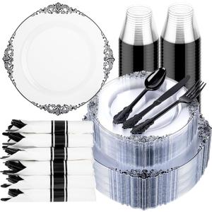 Hioasis 350pcs Clear and Black Plates - Black Party Plates for 50 Guest, Include 100 Heavy-duty Plates(20% Thicker Than Standard), 50 Pre Rolled Gold Plastic Silverware Set, 50 Cups