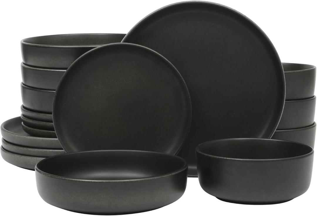 Gibson Elite Pasco 16 Piece (Service for 4) Plates and Bowls Double Bowl Reactive Glaze Dishes Stoneware Ceramic Dinnerware Set - Black