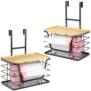 2-Pack Trash Bag Holder - Extra Large Garbage Bag Holder with Stackable Bamboo Top, Adjustable Hooks for Cabinet Door - Organizers in Kitchen/Pantry/Laundry Room