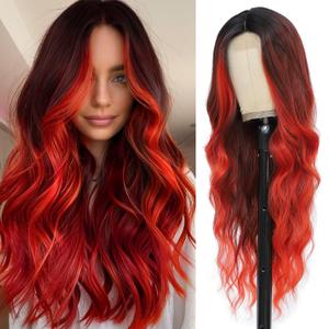 Long Red Wavy Wig for Women 26 Inch Ombre Red Middle Part Curly Synthetic Hair Wig Natural Look Heat Resistant Fiber for Daily Party Use